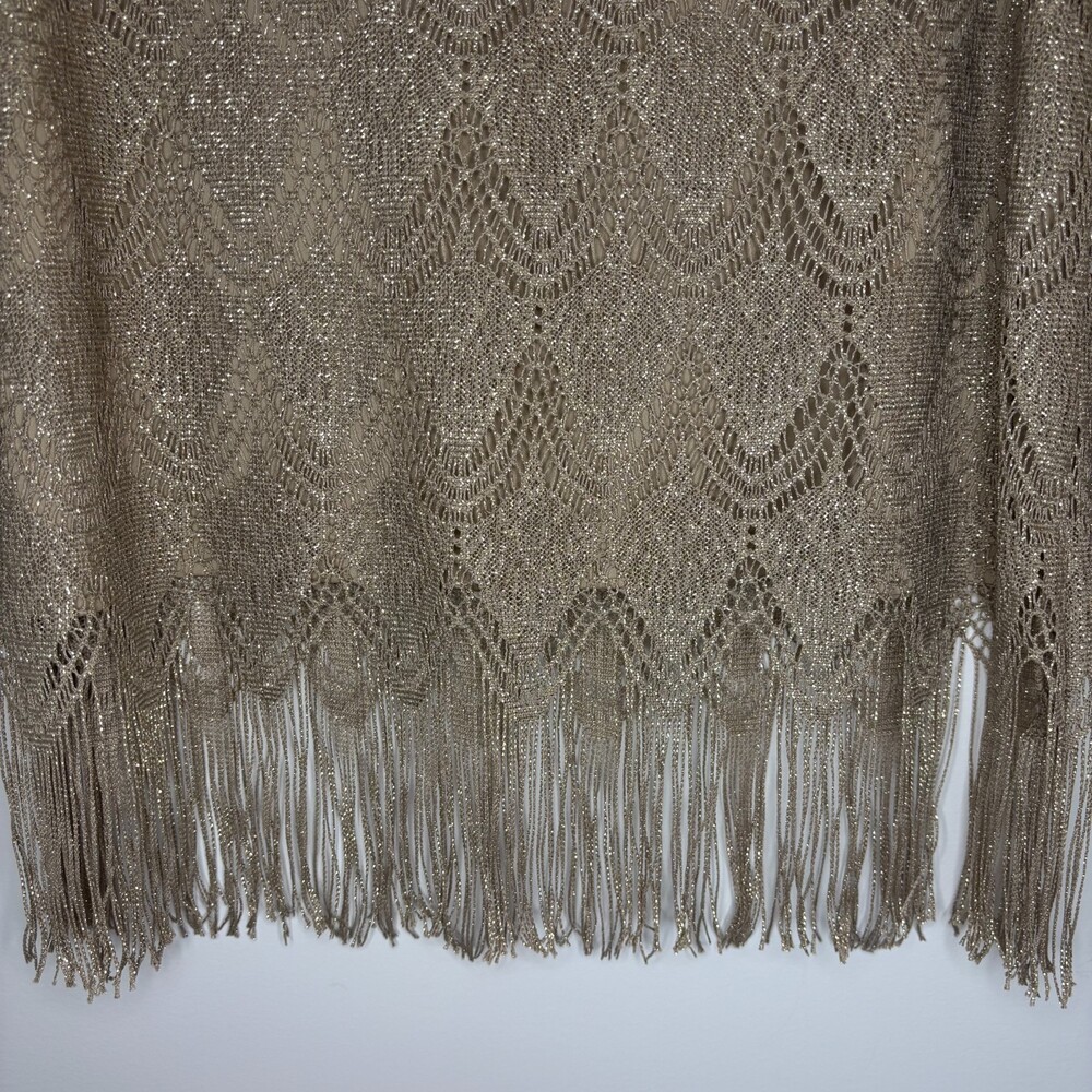 BY CHICO'S Gold Metallic Scallop Hem Fringe Top Womens L Long Sleeve Round Neck - Picture 3 of 7
